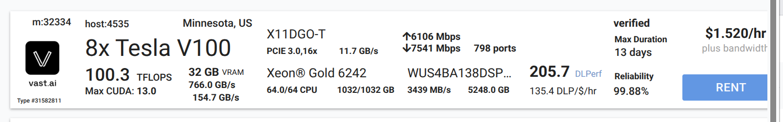 Vast.ai V100 pricing